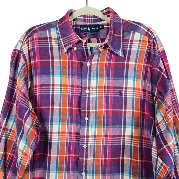 Ralph Lauren Shirt Mens XL Purple Plaid Flannel Button Up Custom Fit Pony VTG - Picture 2 of 11